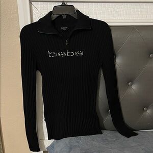 Bebe Black Ribbed Knit Top with Logo